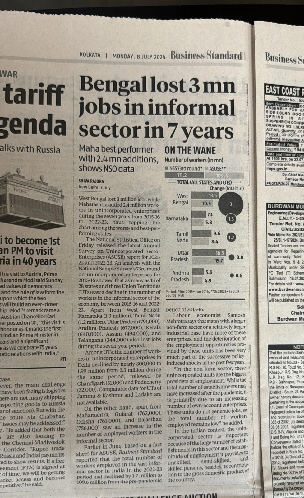 newspaper section about bengal informal job decline